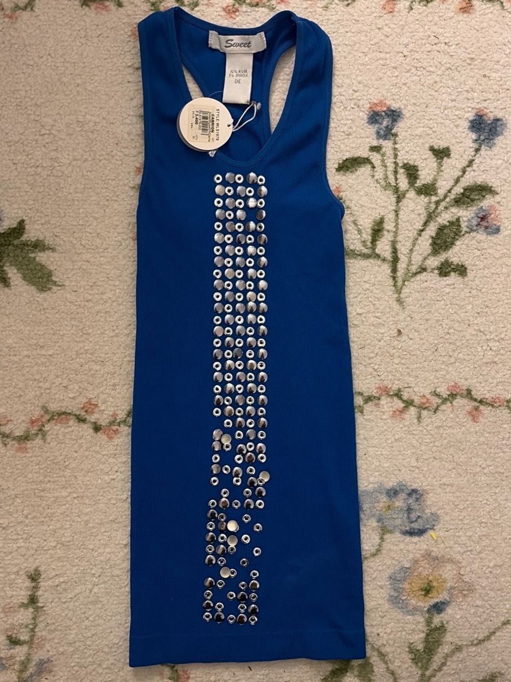Vintage Royal Blue Embellished Ribbed Tank